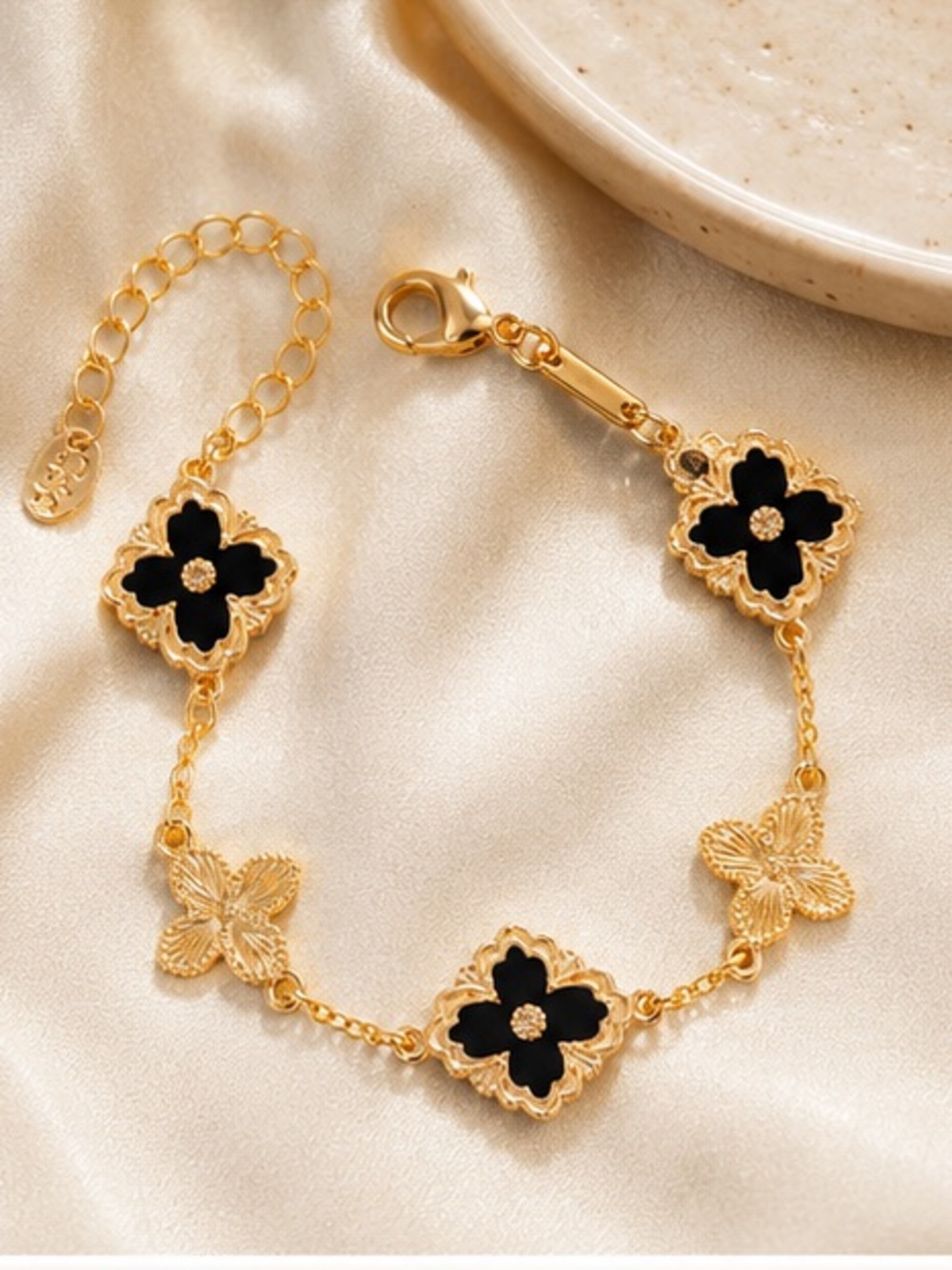 Designer Inspired Gold Black Floral Clover Charm Bracelet Adjustable
